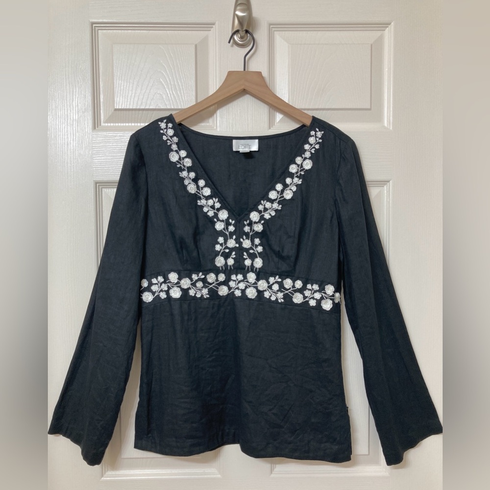 LOFT Black 100% Linen V Neck Floral Long Sleeve Top 10 Prairie Cottage Festival